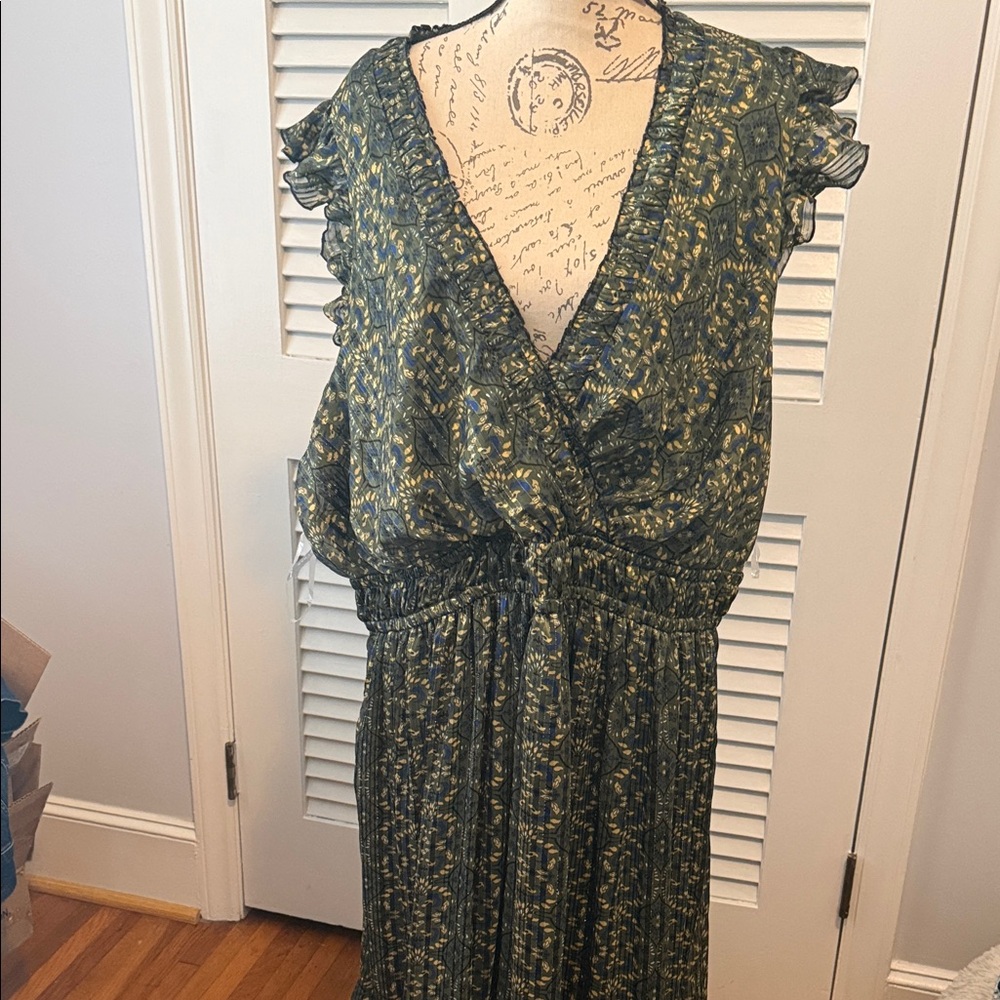 Lane Bryant Olive Green Floral V-Neck Ruffled Maxi Dress